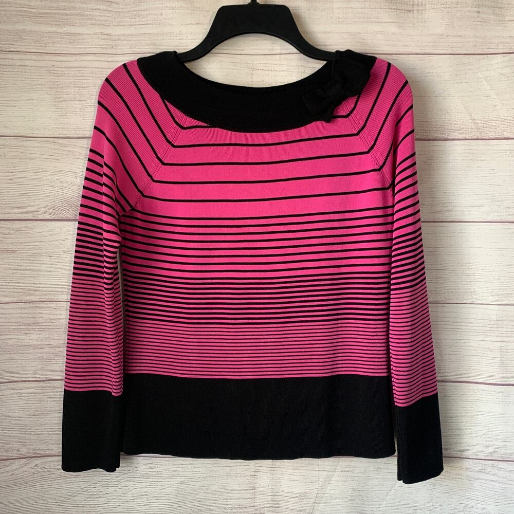 Prima Bella Pink and Black Striped Knit Top with Bow Neckline Size Small